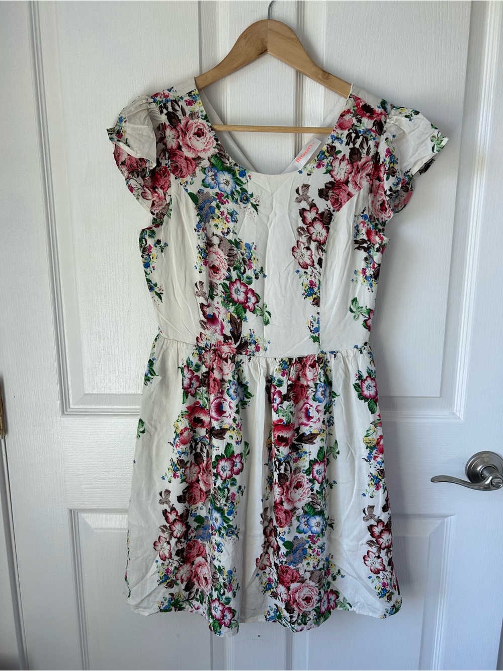 White Floral Fit-and-Flare Dress with Pink & Green Blooms